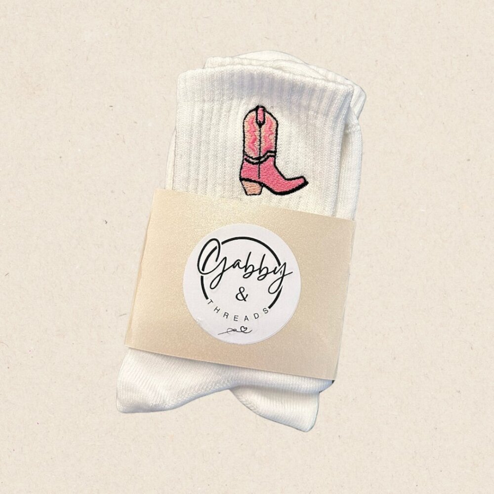 GRIP SOCKS - Embroidered Pink Cowgirl Boot for pilates, yoga, barre, lagree